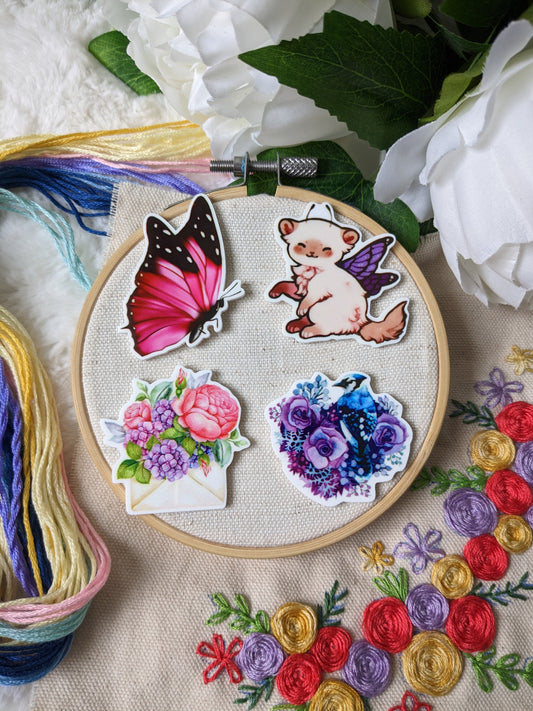 Magnetic needle holder / needle minder "Envelope and peony", "Fairy ferret", "Pink butterfly" or "Bird and flowers"