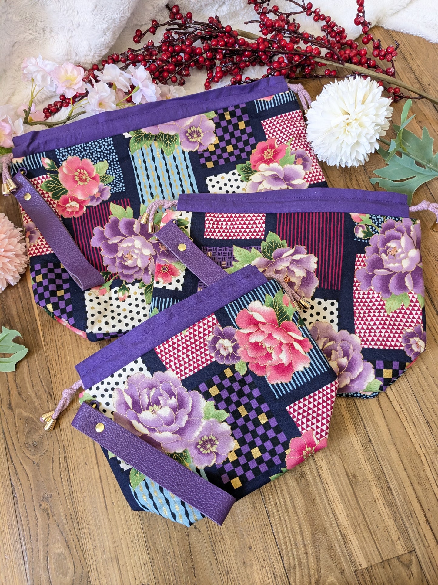 Sac à projet "Pivoines et motifs graphiques"