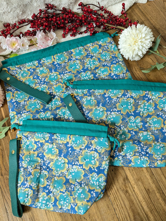 Sac à projet "Minis Sakura turquoise et bleu"