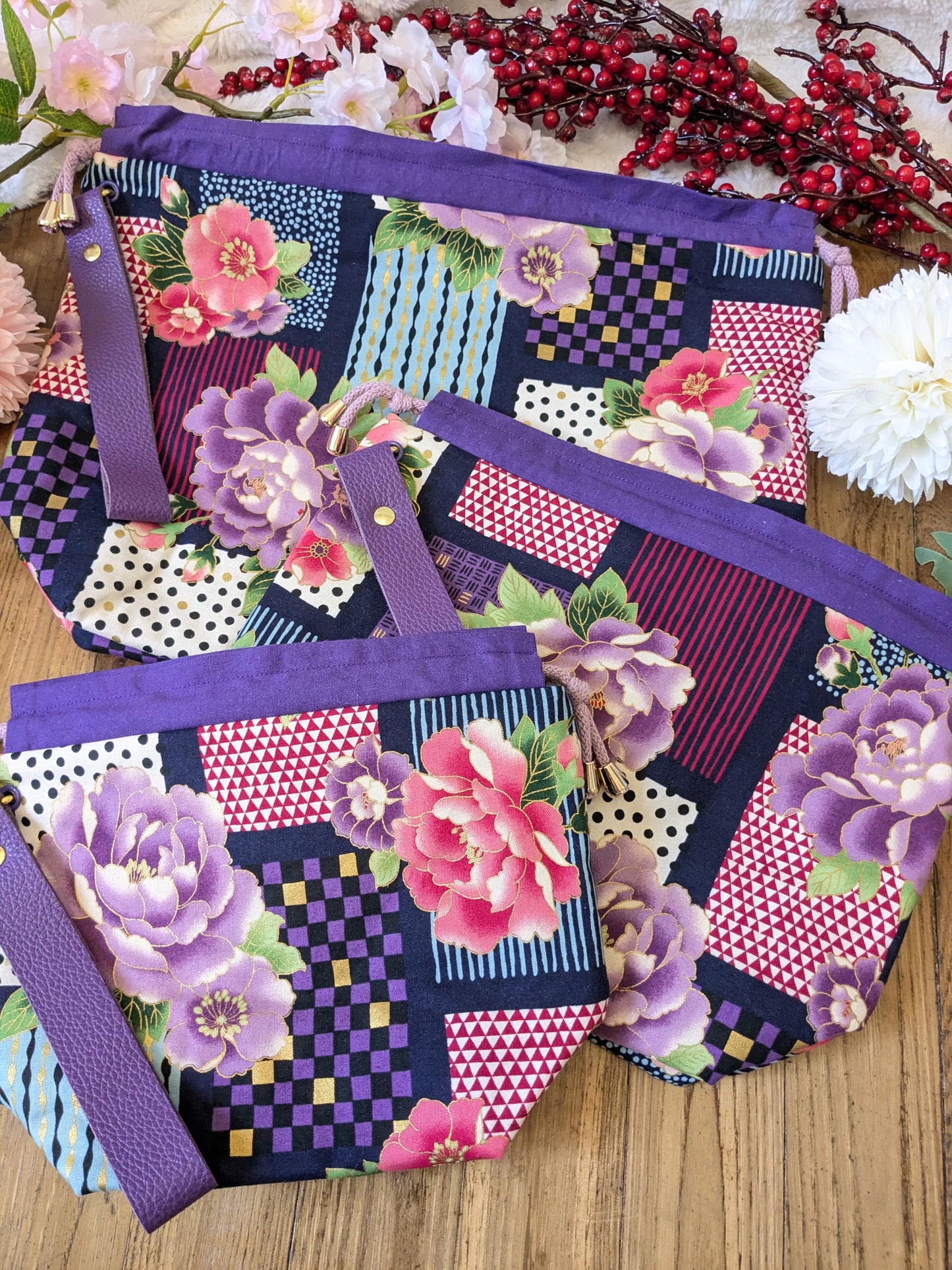 Sac à projet "Pivoines et motifs graphiques"