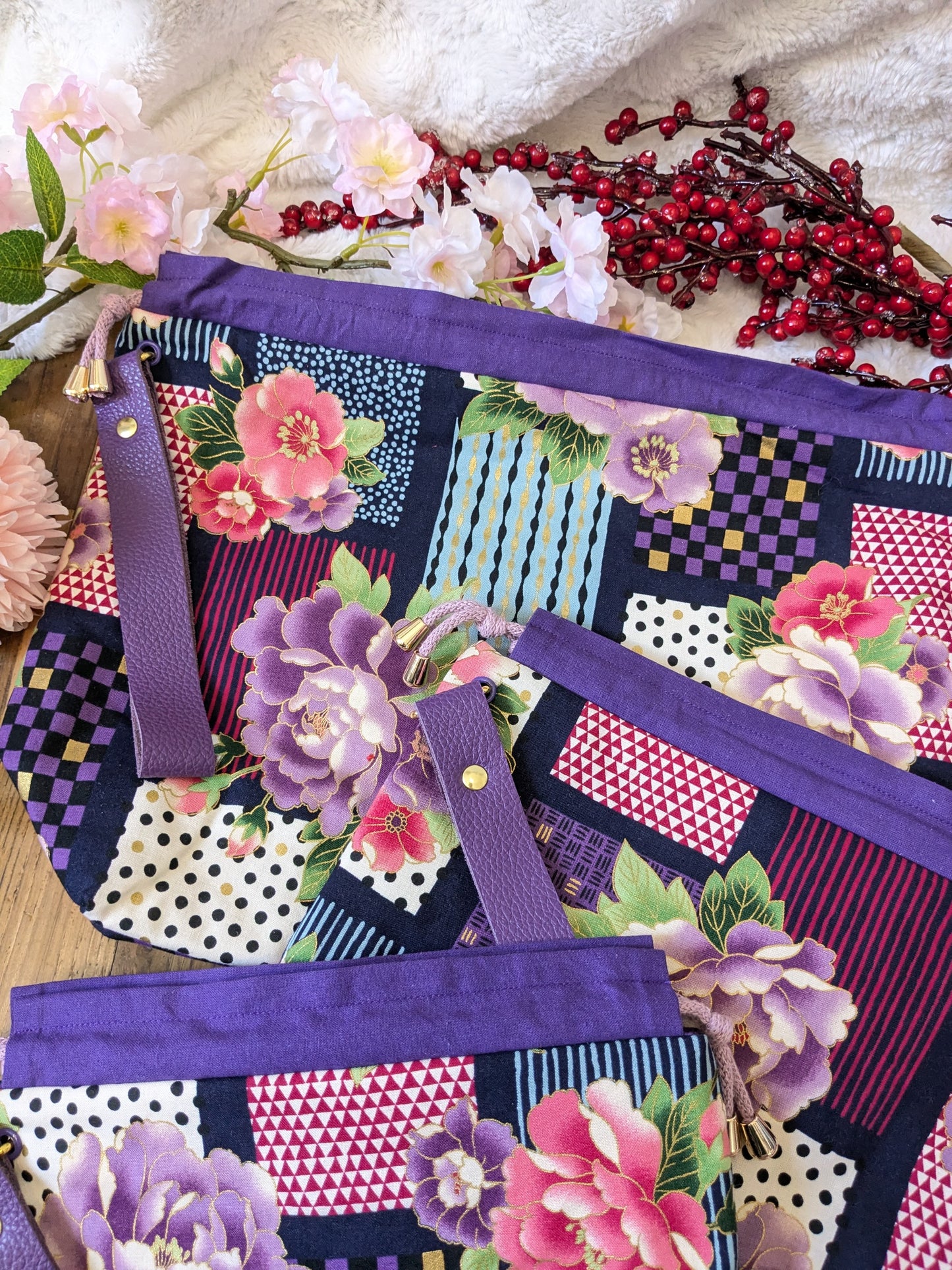 Sac à projet "Pivoines et motifs graphiques"