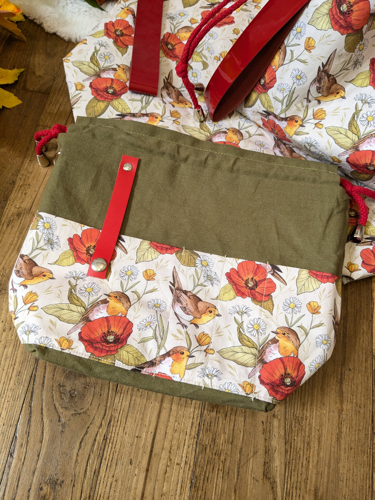 Sac à projet "Rouges-gorges et coquelicots" motif Lixy illustration