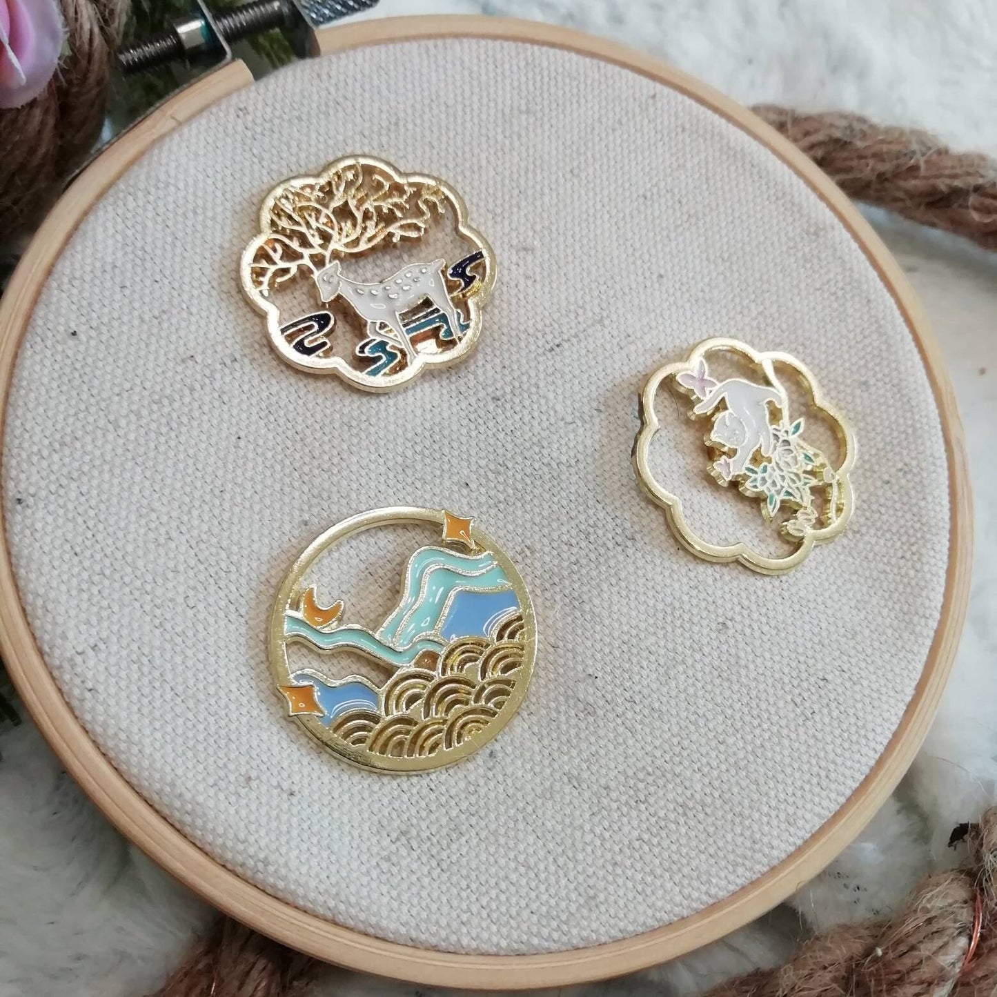 Magnetic needle holder / needle minder "Playful cat", "Deer god", "Blue waves"