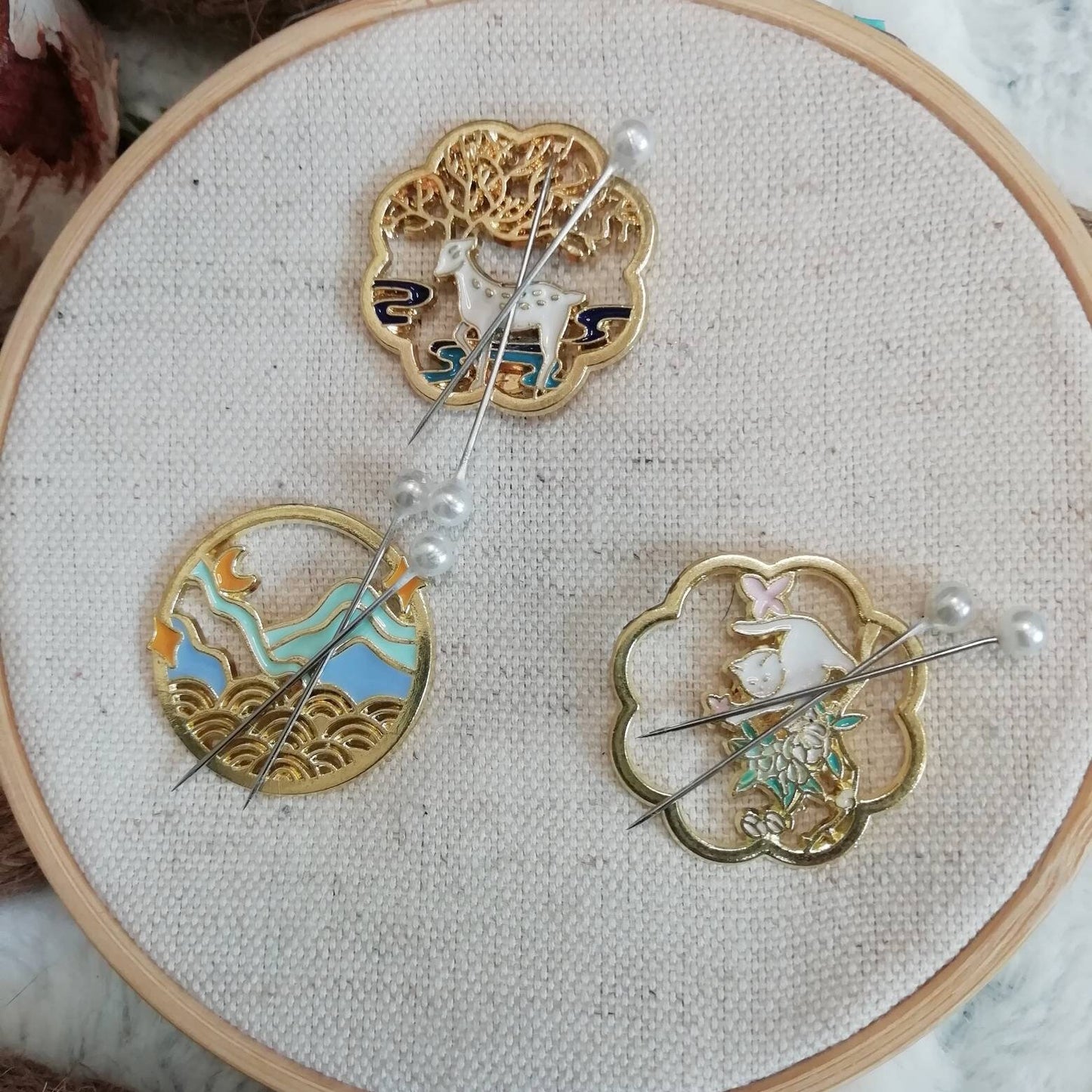 Magnetic needle holder / needle minder "Playful cat", "Deer god", "Blue waves"