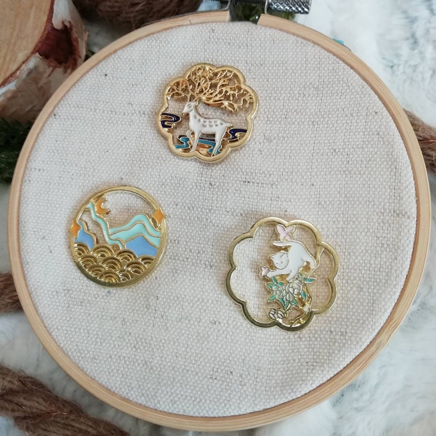 Magnetic needle holder / needle minder "Playful cat", "Deer god", "Blue waves"