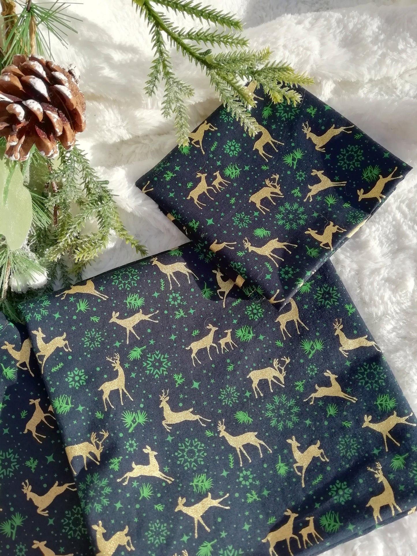 Furoshiki Christmas, zero waste and reusable gift packaging in “Deer and snowflakes” color