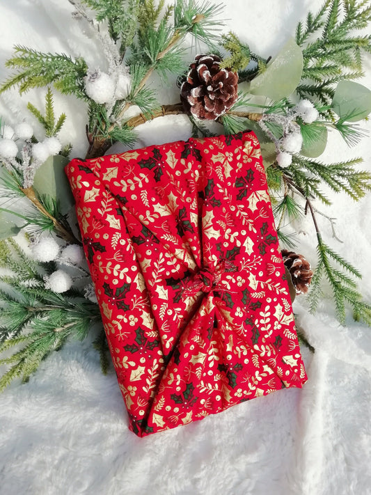 Furoshiki Christmas, zero waste and reusable gift packaging in “Golden Holly” color