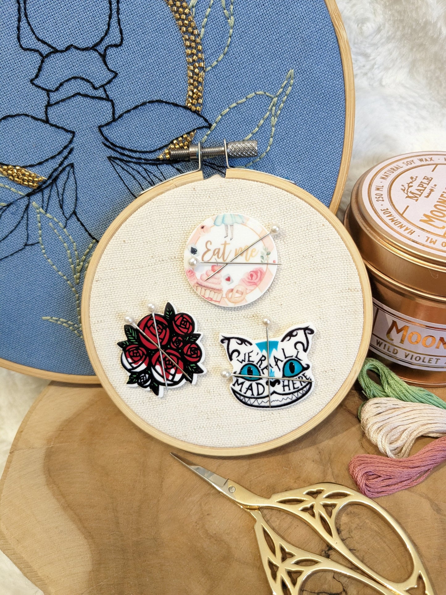 Magnetic needle holder / needle minder "Cheshire Cat", "Eat me" or "Red painted white roses"