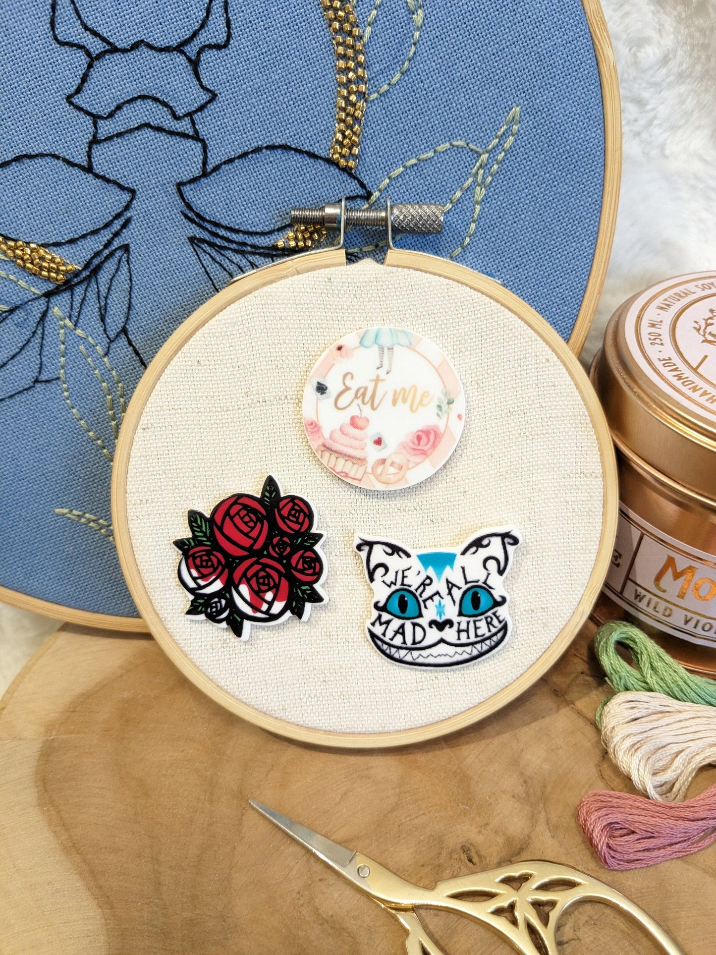 Magnetic needle holder / needle minder "Cheshire Cat", "Eat me" or "Red painted white roses"