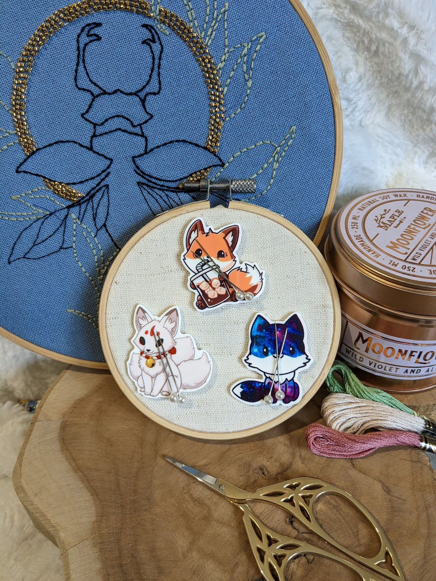 Porte aiguille aimanté / needle minder "Kitsune blanc", "Renard galaxie" ou "Renard et bubble tea"