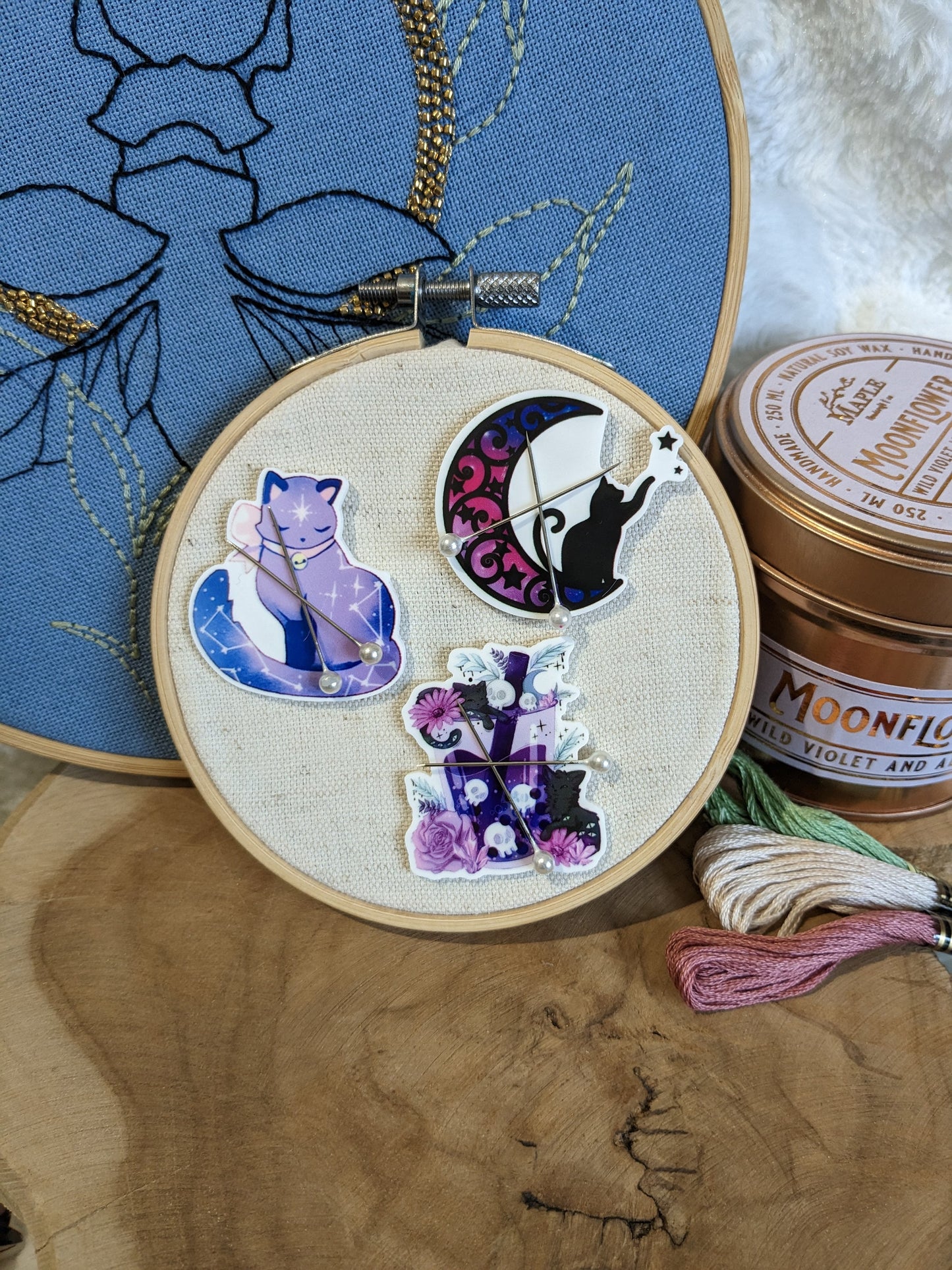 Magnetic needle holder / needle minder "Cat constellation", "Cat and moon" or "Cats and bubble tea"