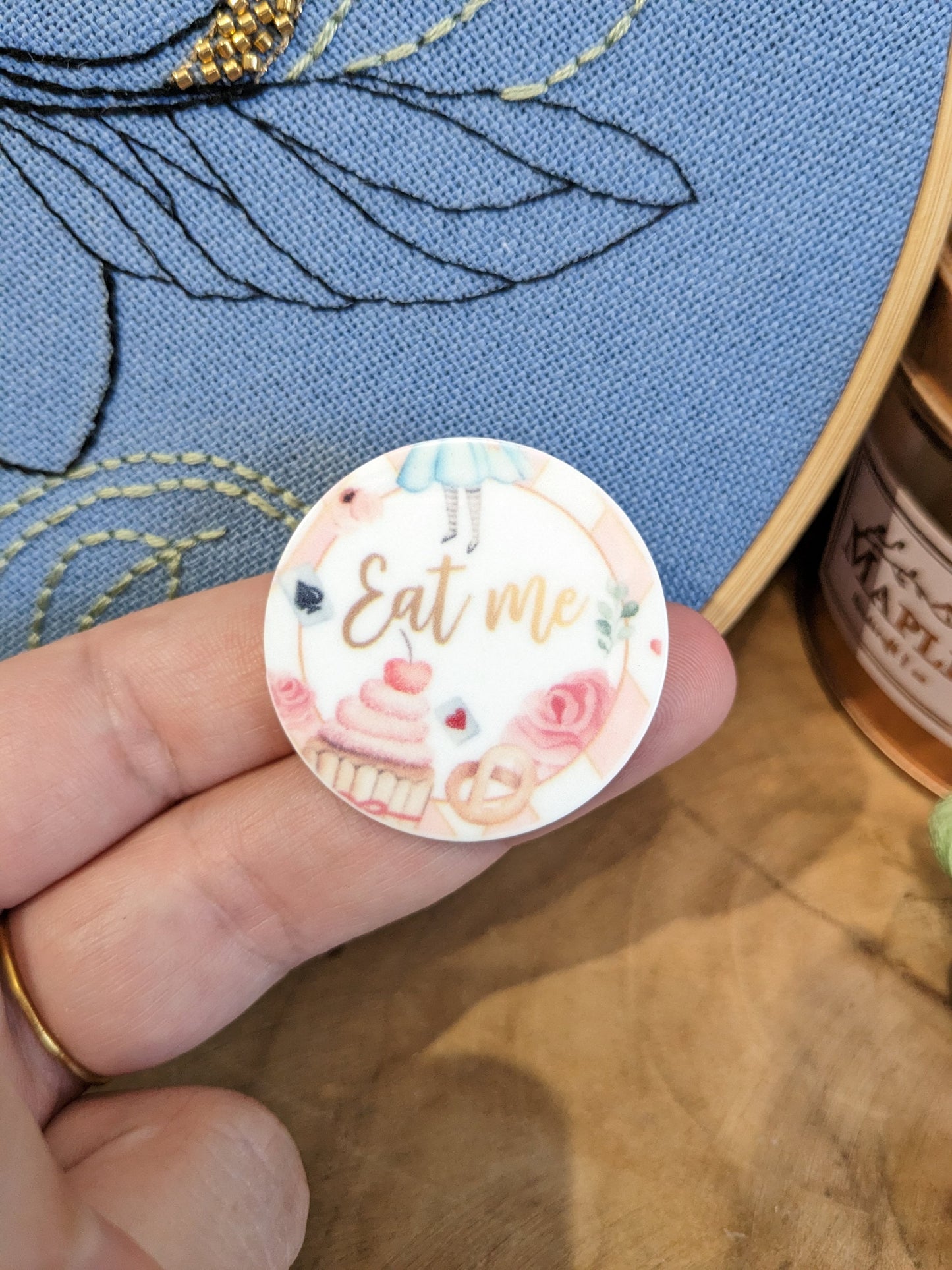 Magnetic needle holder / needle minder "Cheshire Cat", "Eat me" or "Red painted white roses"