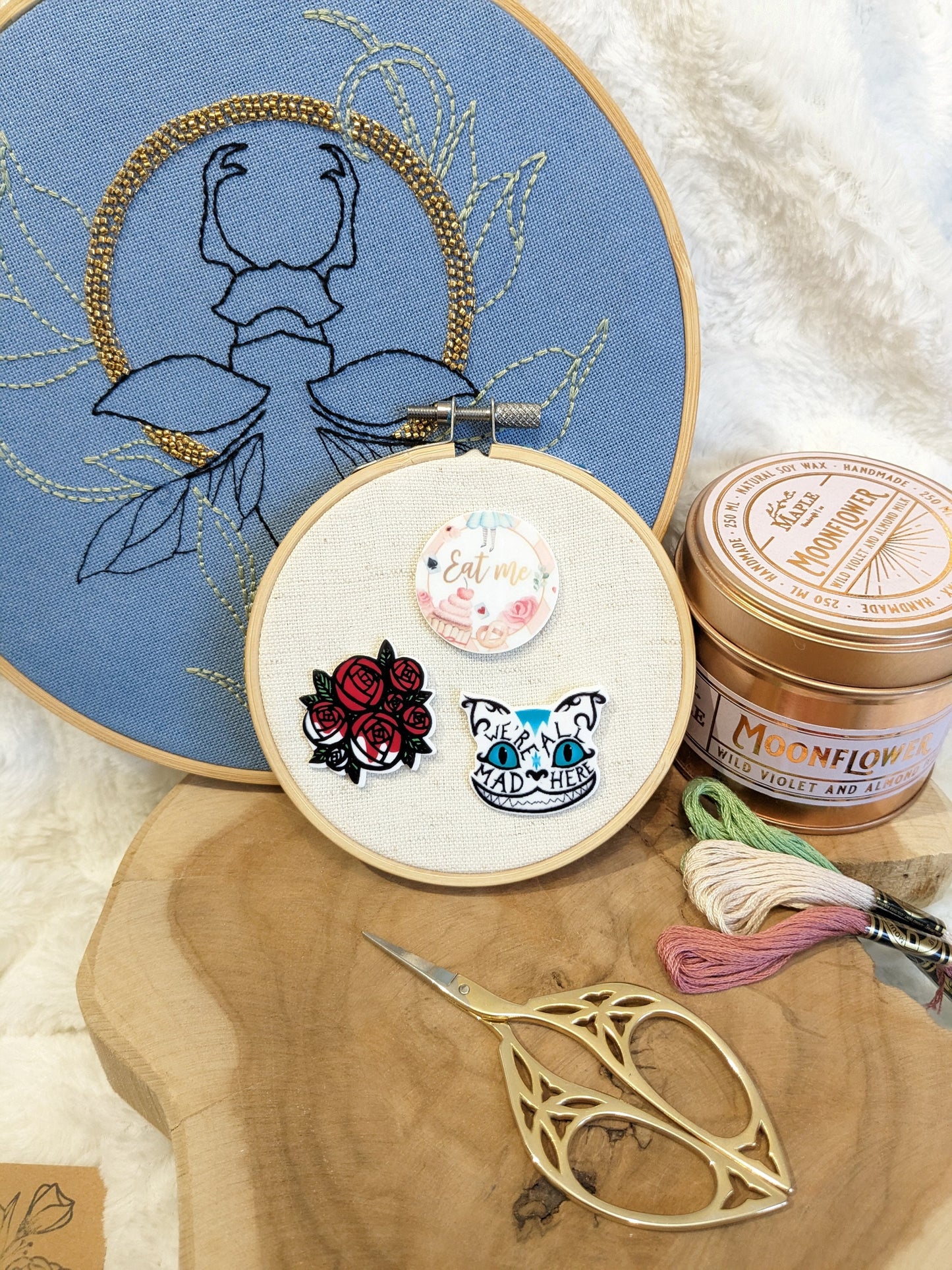 Magnetic needle holder / needle minder "Cheshire Cat", "Eat me" or "Red painted white roses"