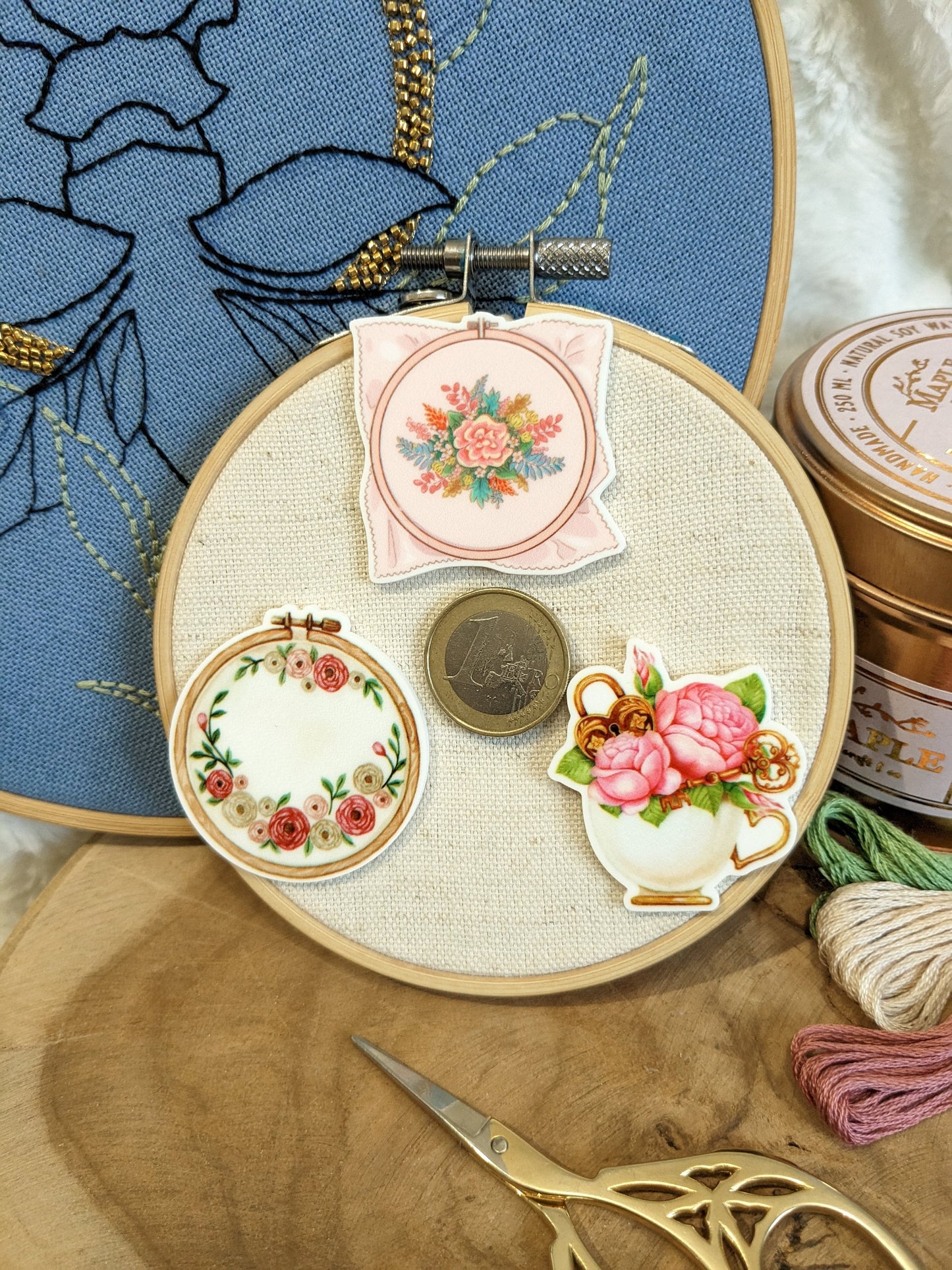 Magnetic needle holder / needle minder "Embroidered square", "Embroidery circle" or "Cup and peonies"