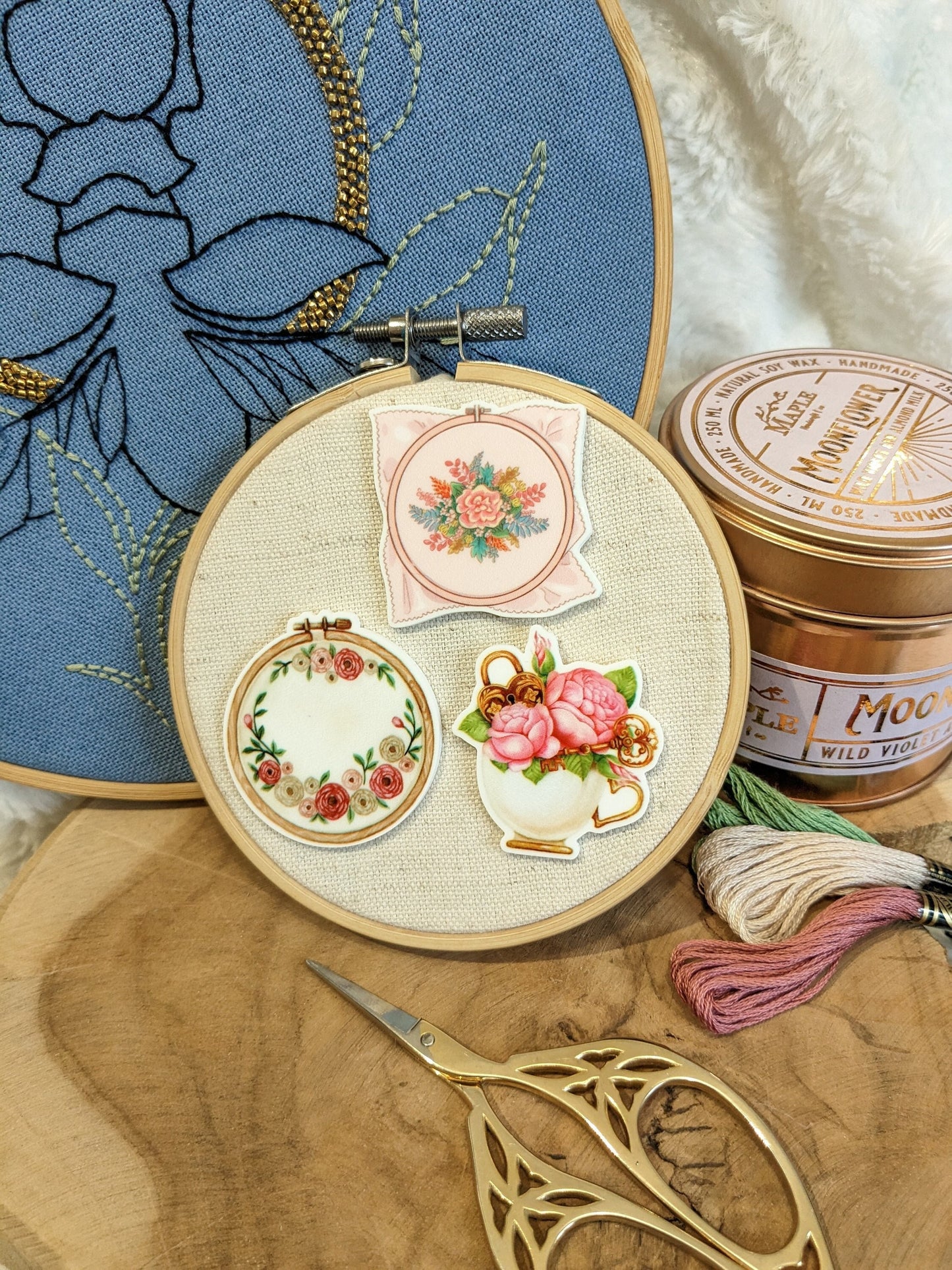 Magnetic needle holder / needle minder "Embroidered square", "Embroidery circle" or "Cup and peonies"