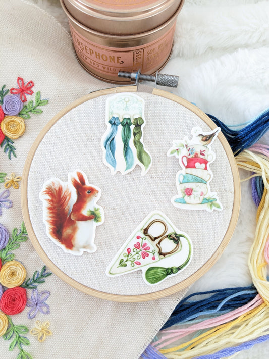 Magnetic needle holder / needle minder "Squirrel", "Embroidery scissors", "Embroidery threads" or "Bird and tea party"