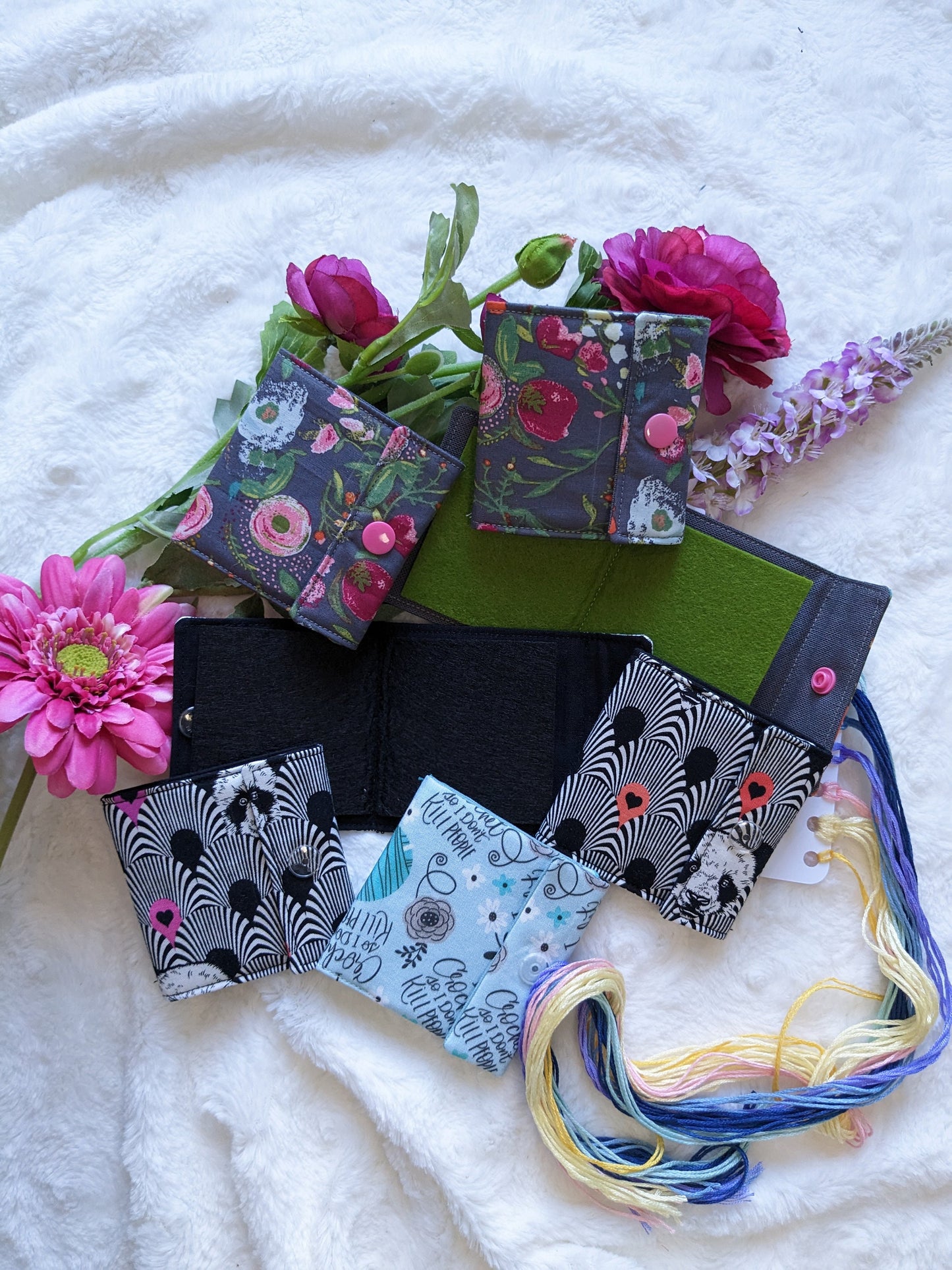 Needle stick notebook / travel needle holder "Flowers", "Graphic pandas and "I crochet so..."