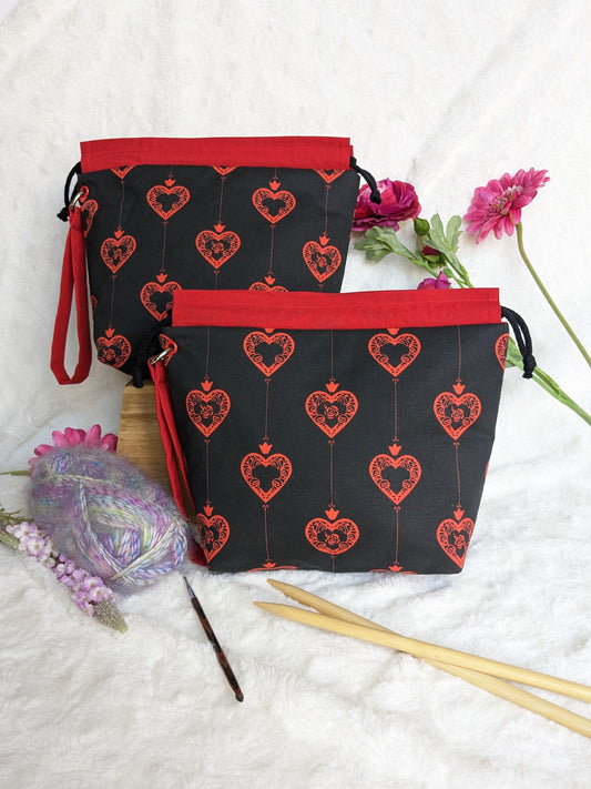 Basic project bag "Queen of hearts" / knitting and/or crochet work bag