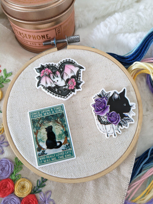 Magnetic needle holder / needle minder "Black cat poster", "Cat and purple flowers" or "Bat"